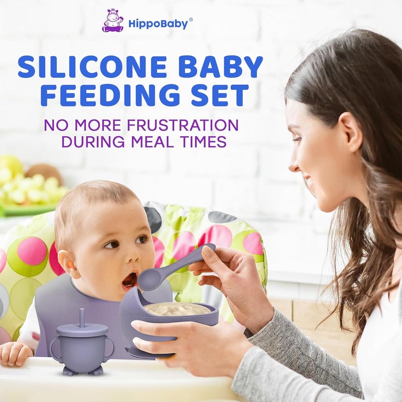 HippoBaby لوازم الفطام بالاعتماد على الذات للأطفال | مجموعة تغذية من 10 قطع مصنوعة من السيليكون | مريلة وكوب وصحن مقسم ووعاء وأدوات تغذية ذاتية للأطفال | أدوات الأطفال | لوازم تغذية الأطفال (لافندر) - Image 3